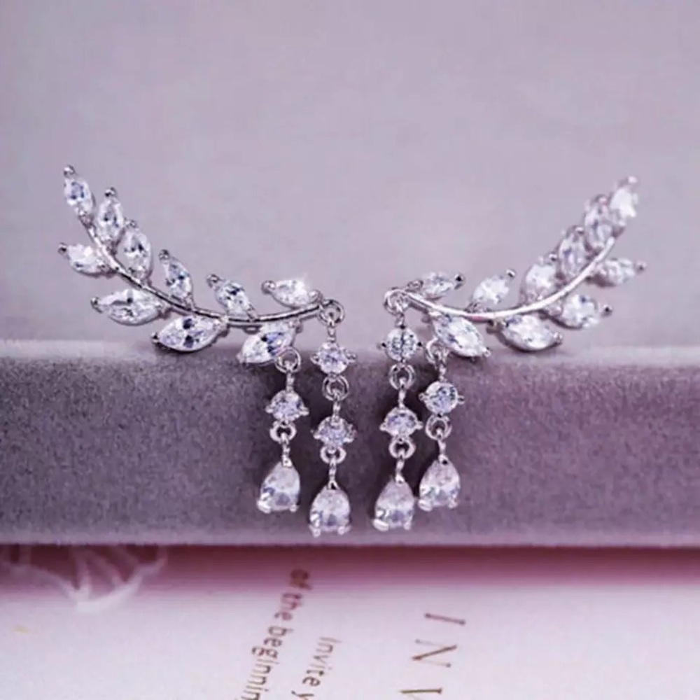 “Athena” Goddess Diamond Leaf Climber/Crawler Waterfall Crystal Bohemian Earring - Picture 7 of 9